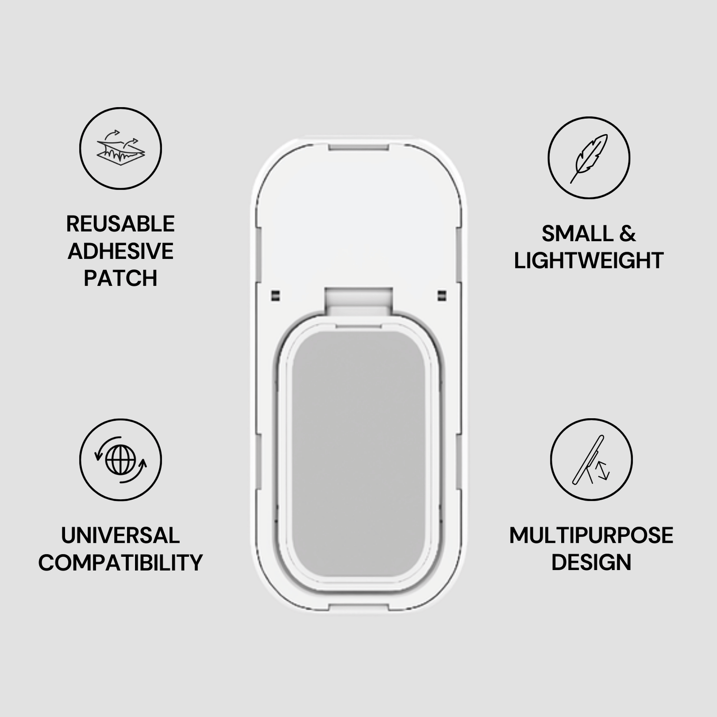 Reusable adhesive patch with features listed on a gray background