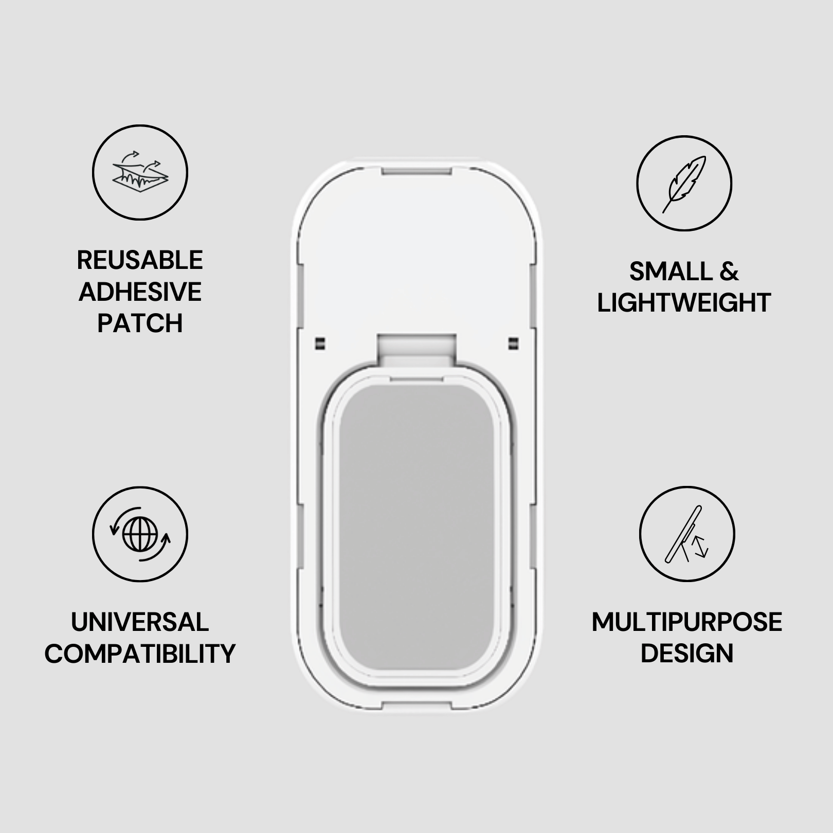 Reusable adhesive patch with features listed on a gray background