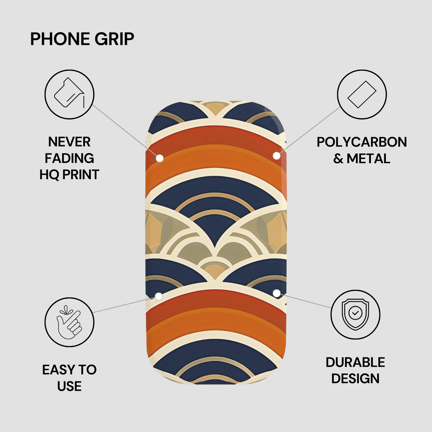 Phone grip with color pattern and feature text on a gray background