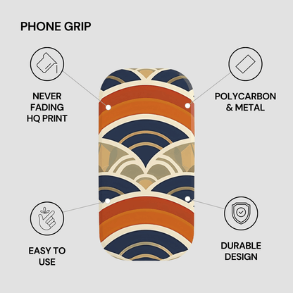 Phone grip with color pattern and feature text on a gray background