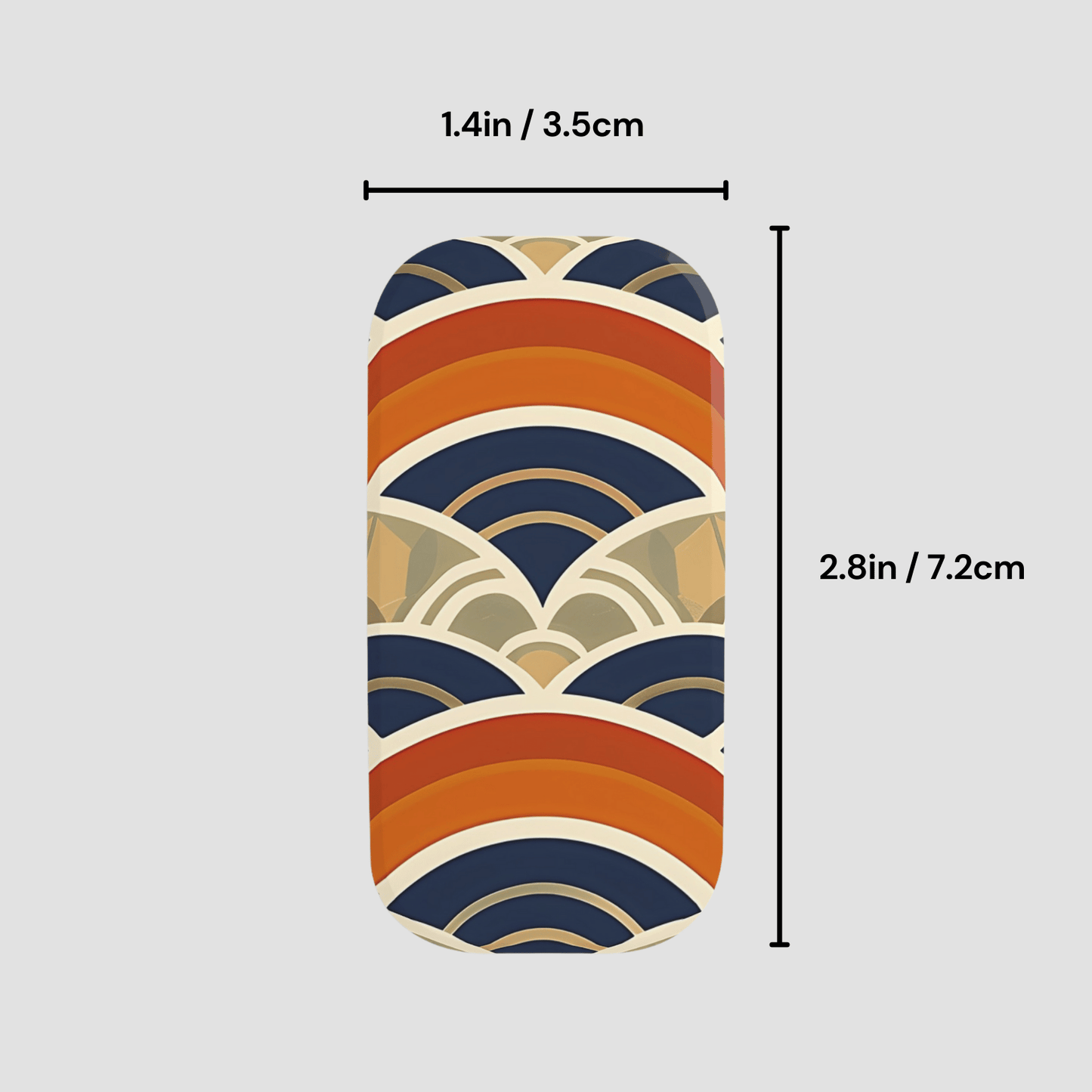 Phone case with a geometric pattern and measurements on a light gray background
