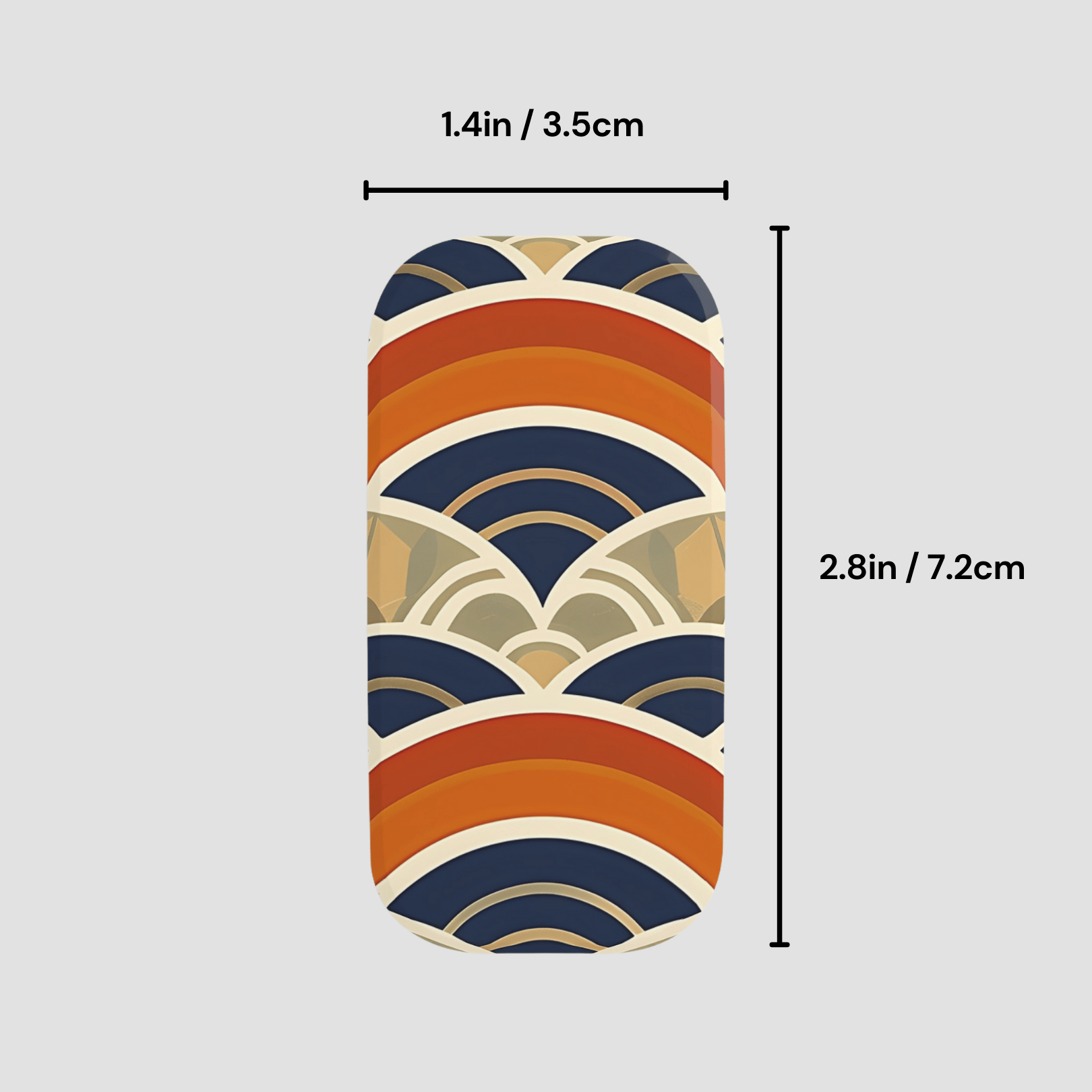 Phone case with a geometric pattern and measurements on a light gray background