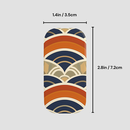 Phone case with a geometric pattern and measurements on a light gray background