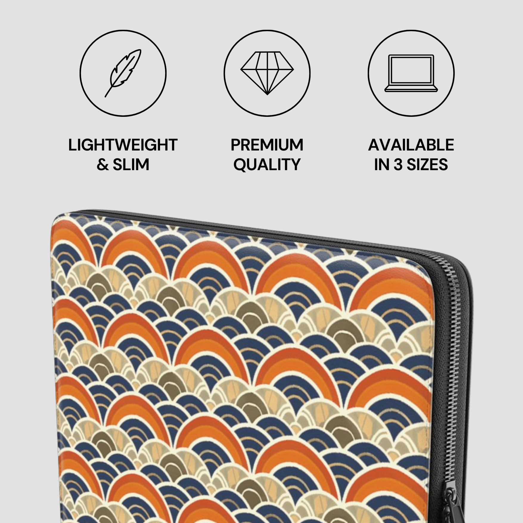 Laptop sleeve with wave pattern and product features on a light gray background