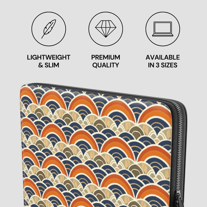 Laptop sleeve with wave pattern and product features on a light gray background