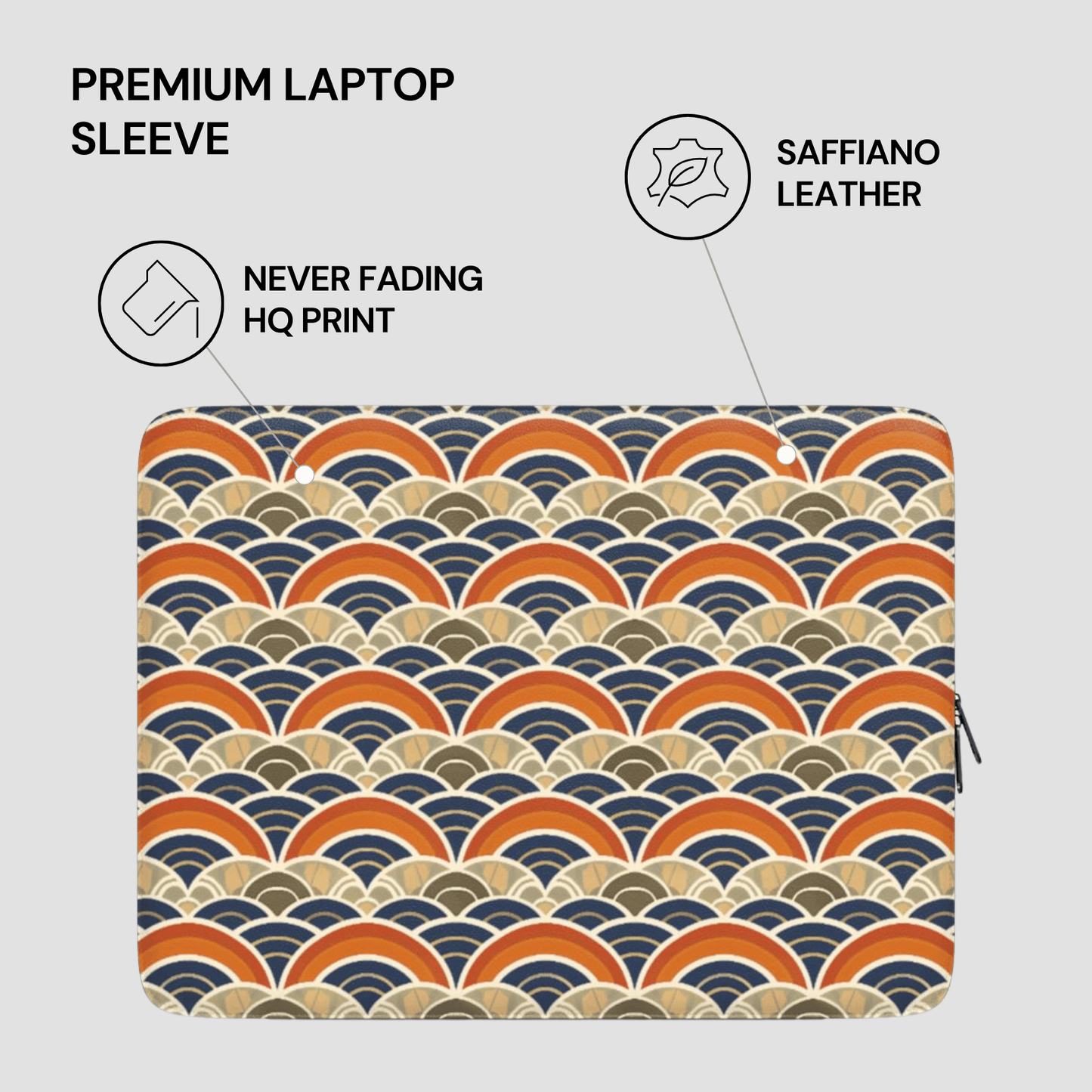 Laptop sleeve with wave pattern and text highlighting features on a light gray background