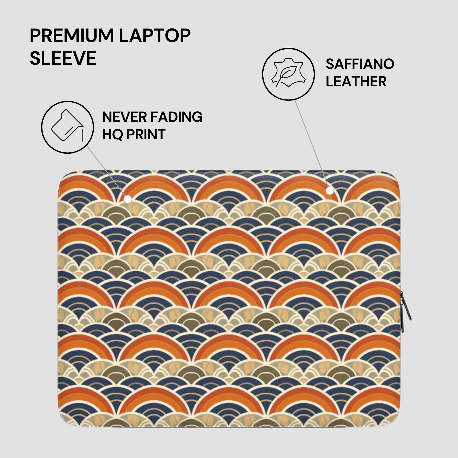 Laptop sleeve with wave pattern and text highlighting features on a light gray background