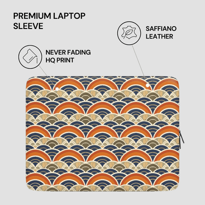 Laptop sleeve with wave pattern and text highlighting features on a light gray background