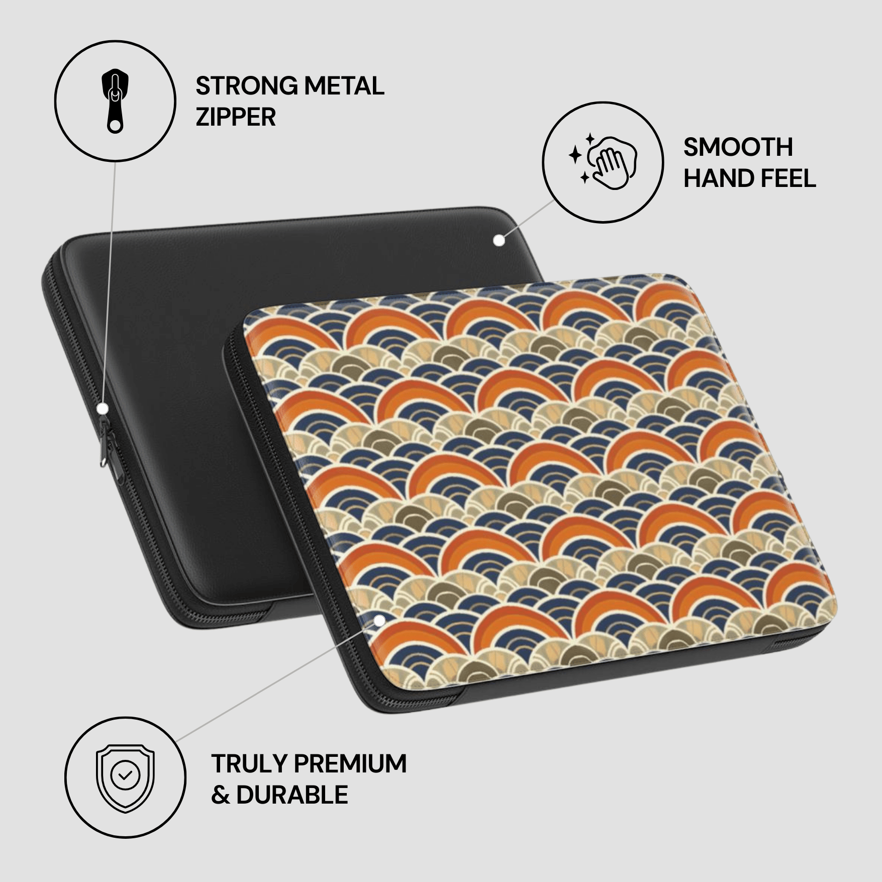 Patterned laptop case with metal zipper and smooth hand feel on a light gray background