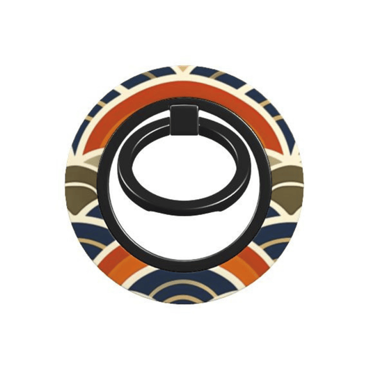 Colorful circular phone ring holder with geometric pattern on a white background