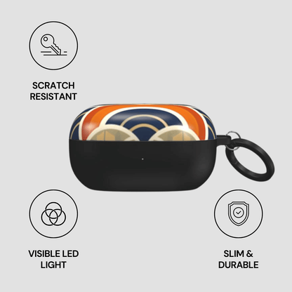 Black case with colorful design on a gray background, featuring icons and text about case features.