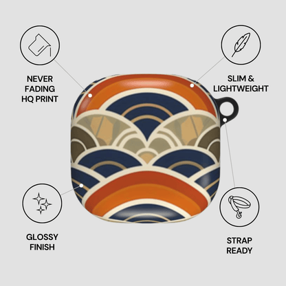 Product with a colorful geometric pattern on a light gray background, featuring text labels about product features.