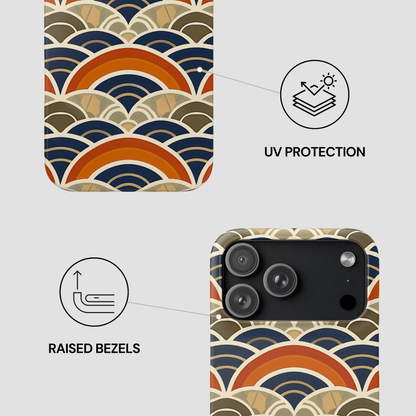 Phone case with geometric pattern, UV protection, and raised bezels features on a white background