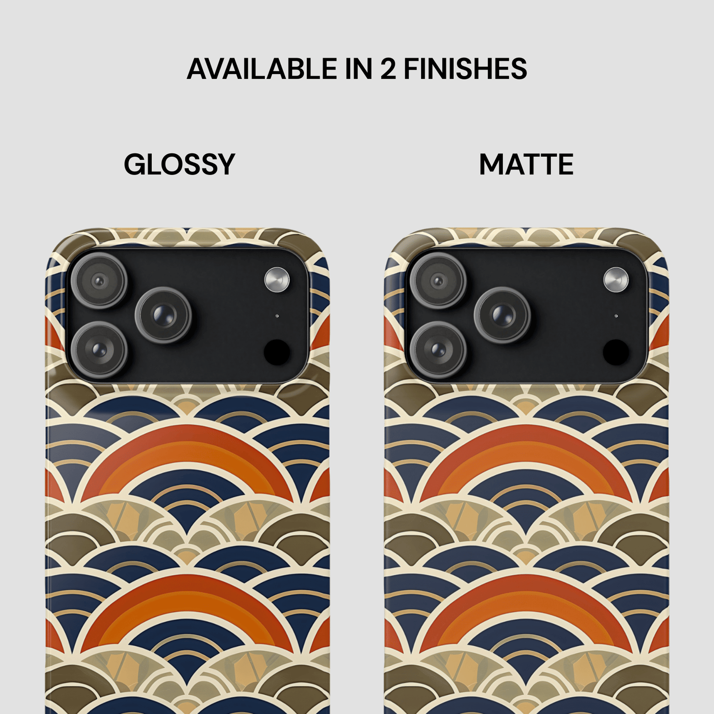 Two phone case designs with a geometric pattern, one glossy and one matte, on a light gray background.