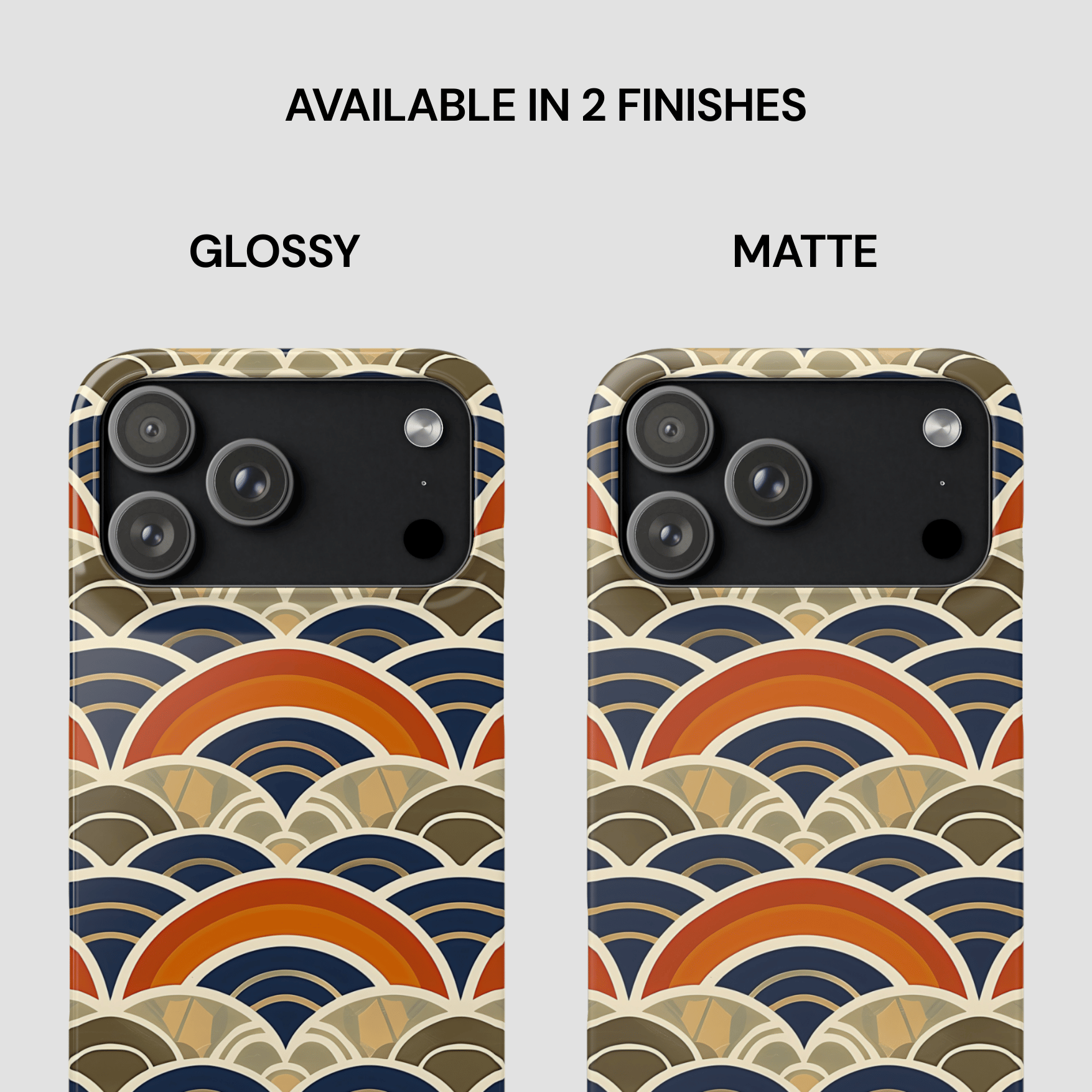 Two phone case designs with a geometric pattern, one glossy and one matte, on a light gray background.