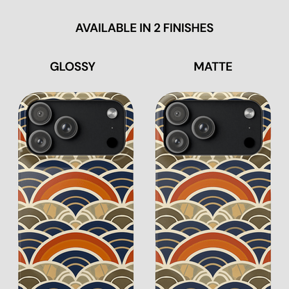 Two phone case designs with a geometric pattern, one glossy and one matte, on a light gray background.
