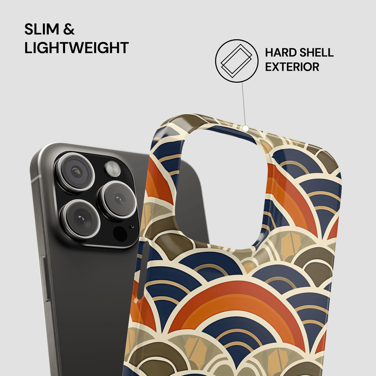 Phone case with geometric pattern and text about slimness and hard shell exterior on a light gray background