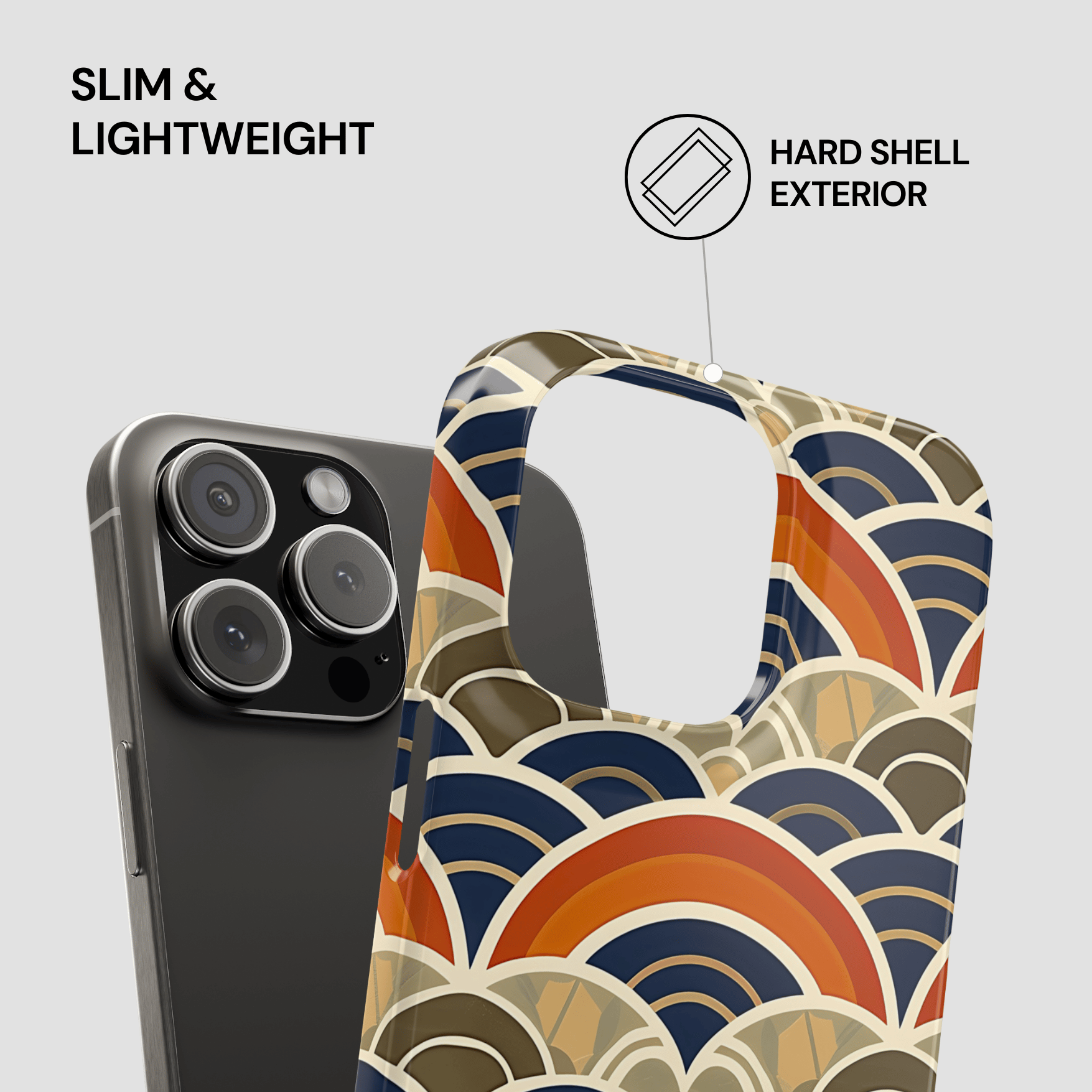 Phone case with geometric pattern and text about slimness and hard shell exterior on a light gray background