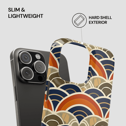 Phone case with geometric pattern and text about slimness and hard shell exterior on a light gray background
