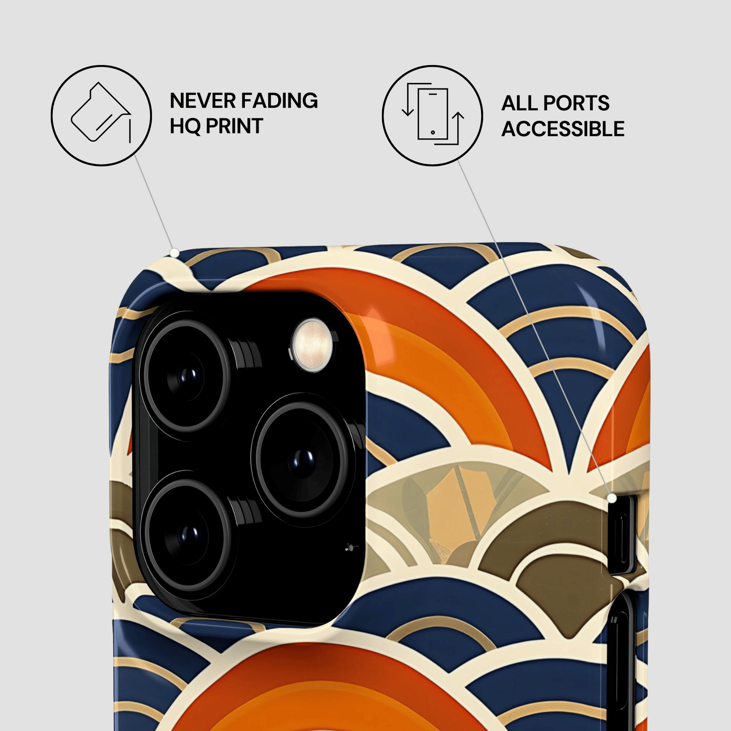 Phone case with geometric pattern and text indicating features on a light gray background