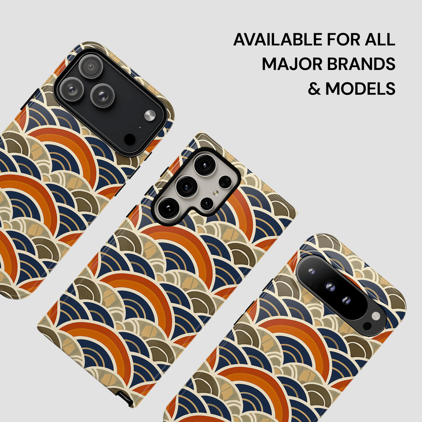 Patterned phone case with text 'Available for all major brands & models' on a light gray background