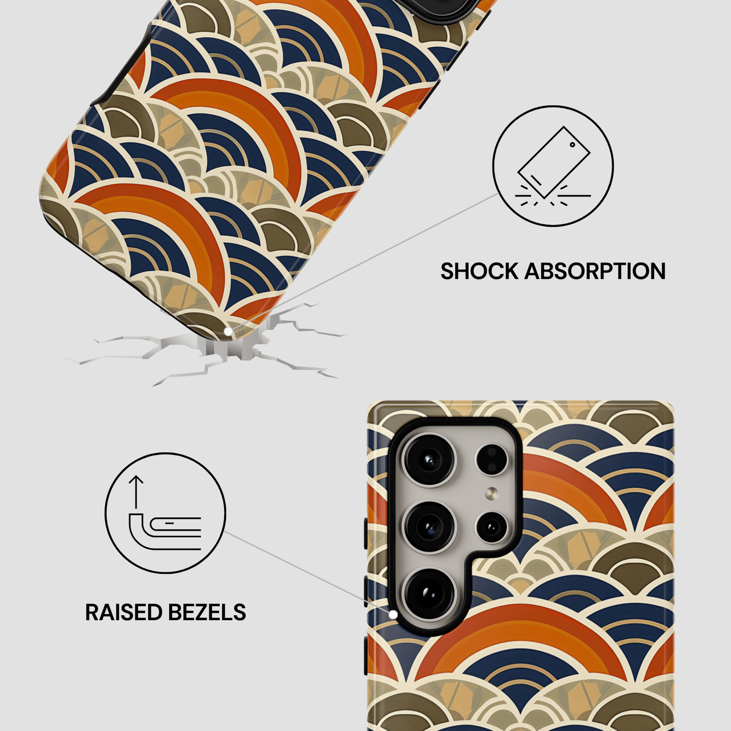 Phone case with wave pattern and features highlighted on a white background