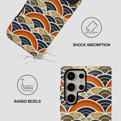 Phone case with wave pattern and features highlighted on a white background
