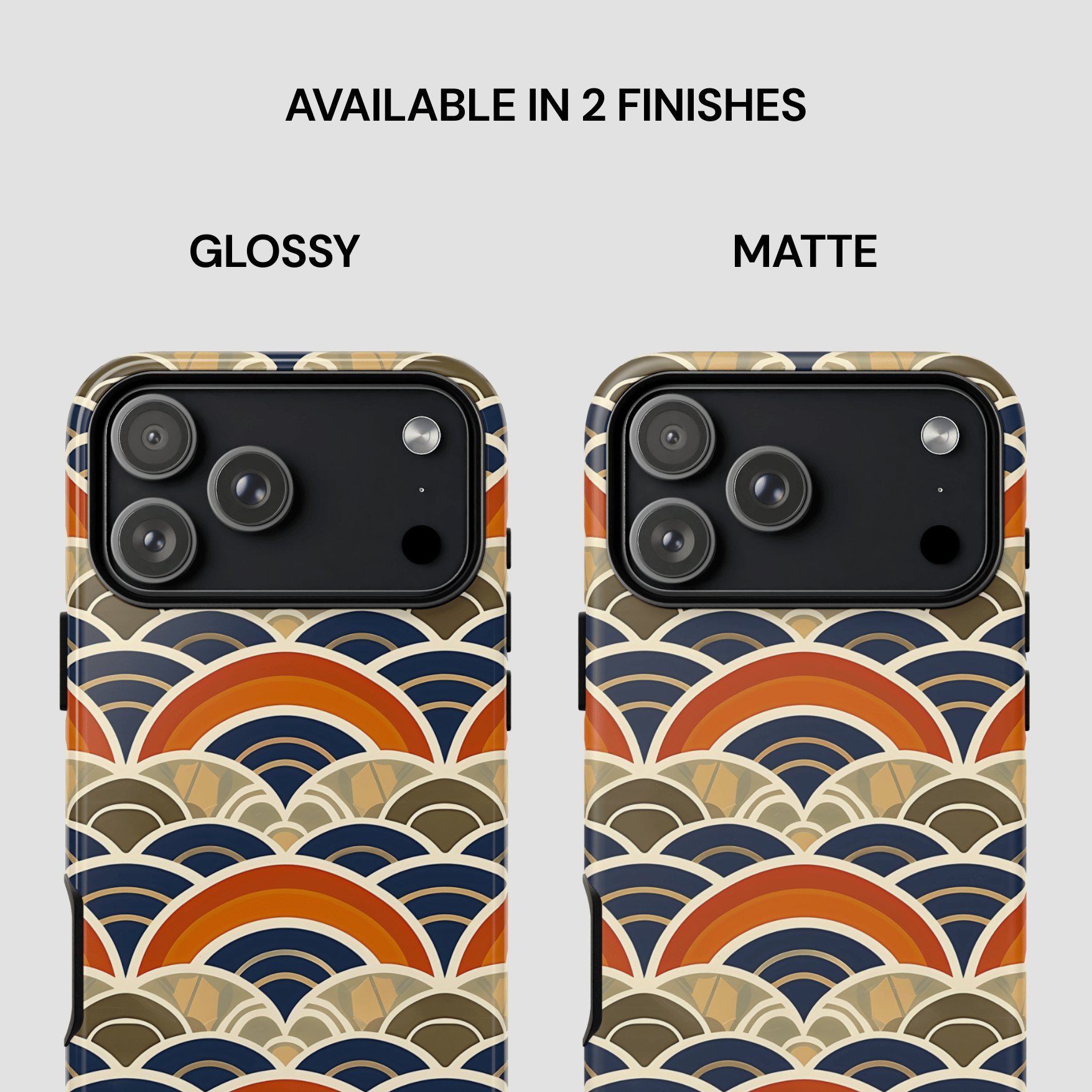 Two phone case designs with a geometric pattern, one glossy and one matte, on a white background.