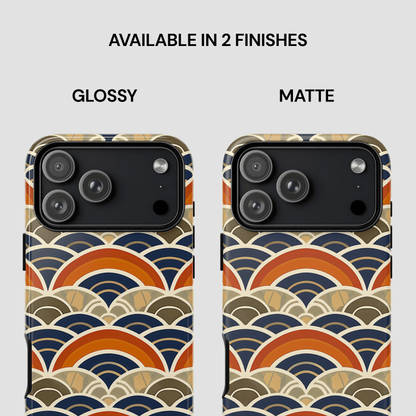 Two phone case designs with a geometric pattern, one glossy and one matte, on a white background.