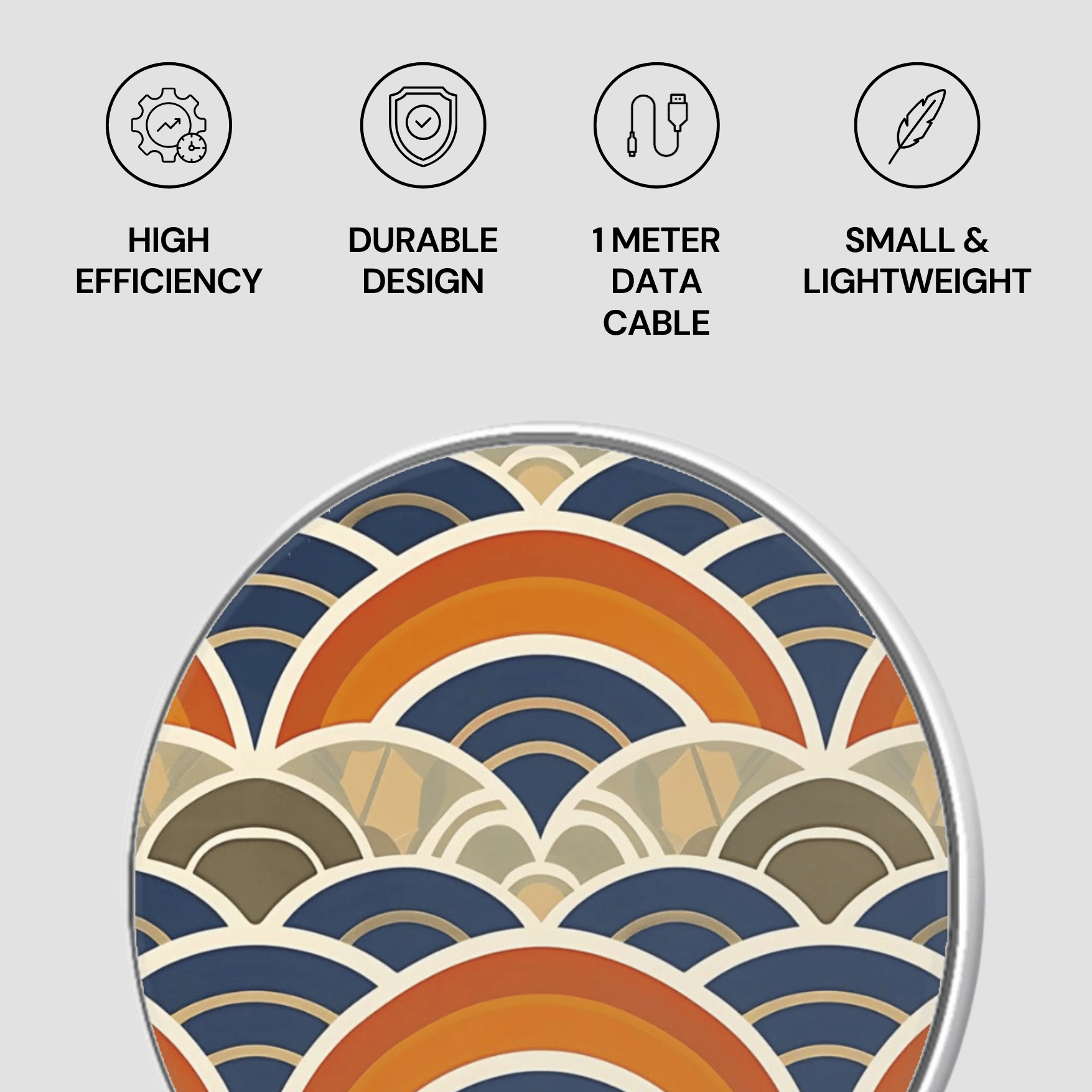 Product with wave pattern and icons indicating high efficiency, durable design, 1-meter data cable, and small & lightweight features on a light gray background.