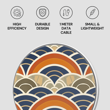 Product with wave pattern and icons indicating high efficiency, durable design, 1-meter data cable, and small & lightweight features on a light gray background.