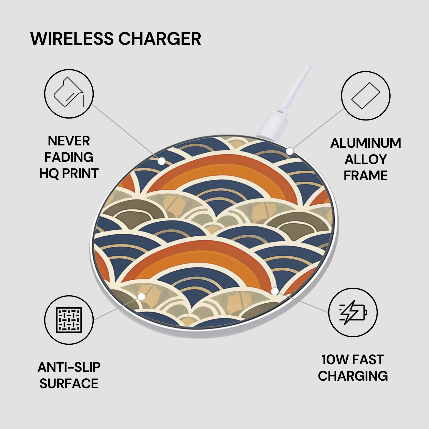 Wireless charger with wave pattern design on a light gray background