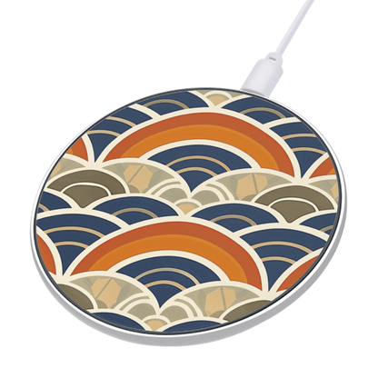 Wireless charging pad with colorful wave pattern on a white background