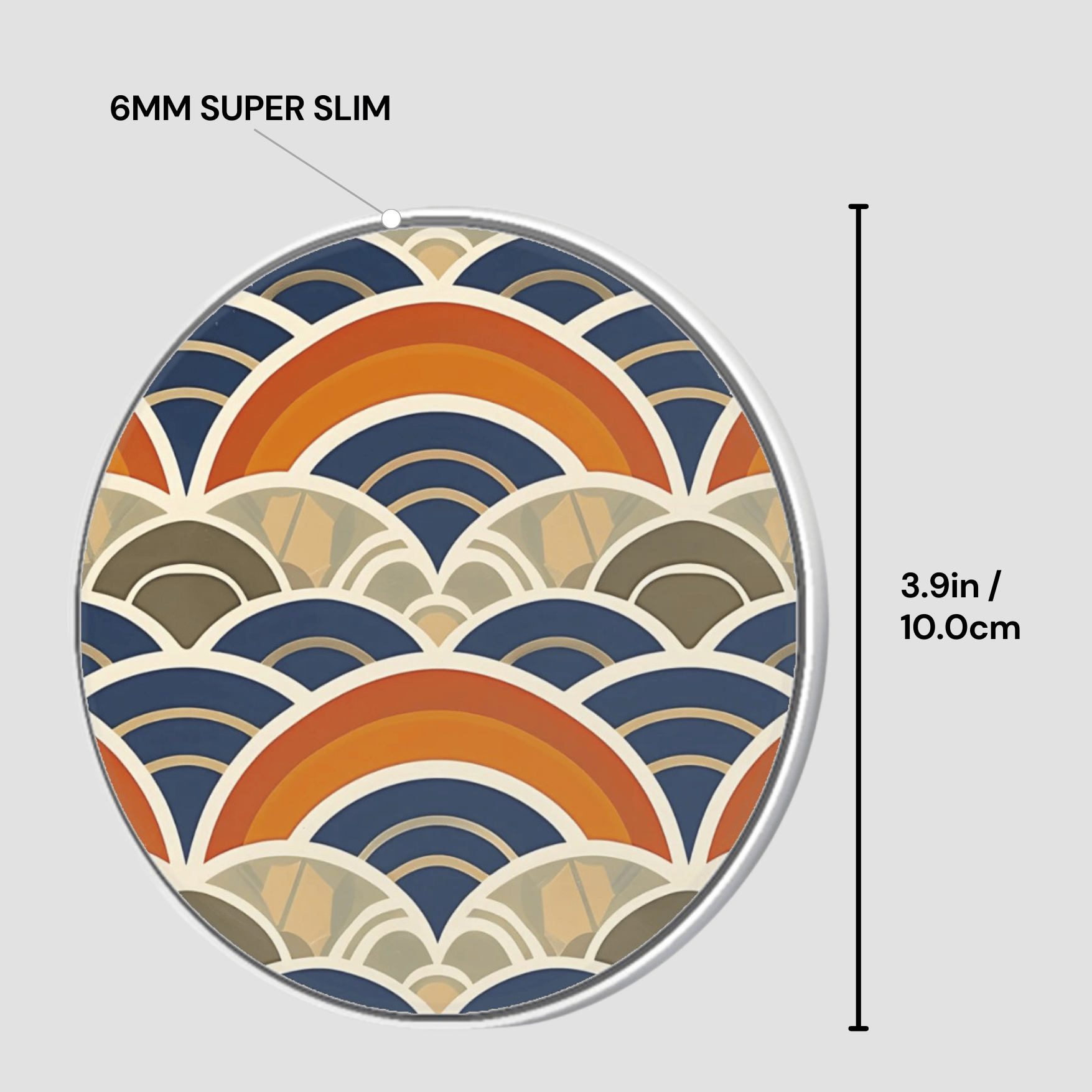 Circular object with wave pattern and measurement details on a gray background