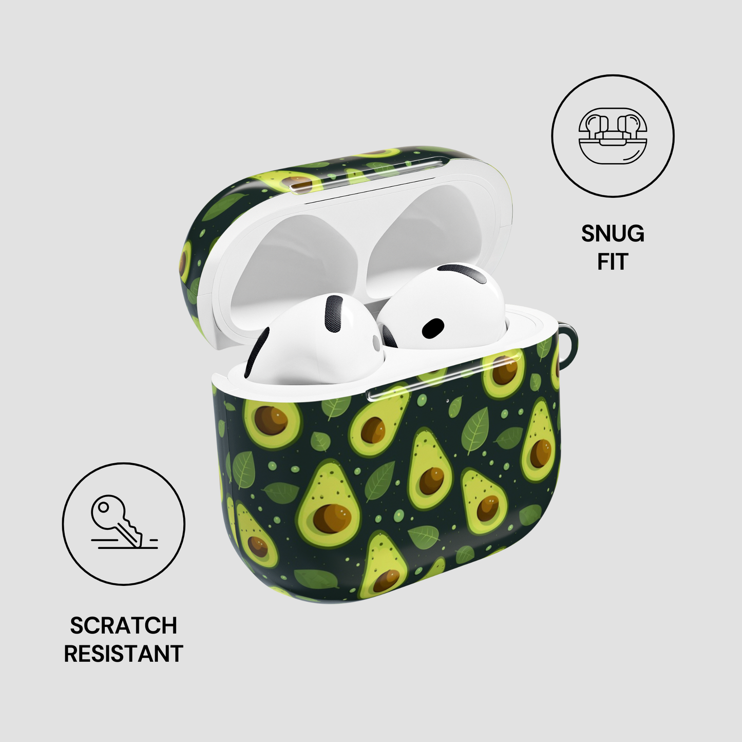 An open protective AirPods case with a green avocado pattern, containing white AirPods. The case is shown on a light gray background with feature callout icons and text reading 'SNUG FIT', 'SCRATCH RESISTANT', and 'SNUG FIT'.