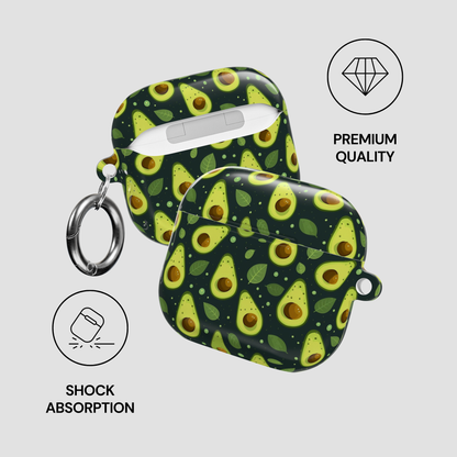 Two protective AirPods cases with a green avocado print, shown on a light gray background with feature icons and text reading 'PREMIUM QUALITY' and 'SHOCK ABSORPTION'.