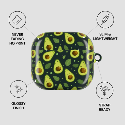 A glossy AirPods case with a green avocado print pattern, shown on a light gray background with four feature callouts: never fading HQ print, slim and lightweight, glossy finish, and strap ready.