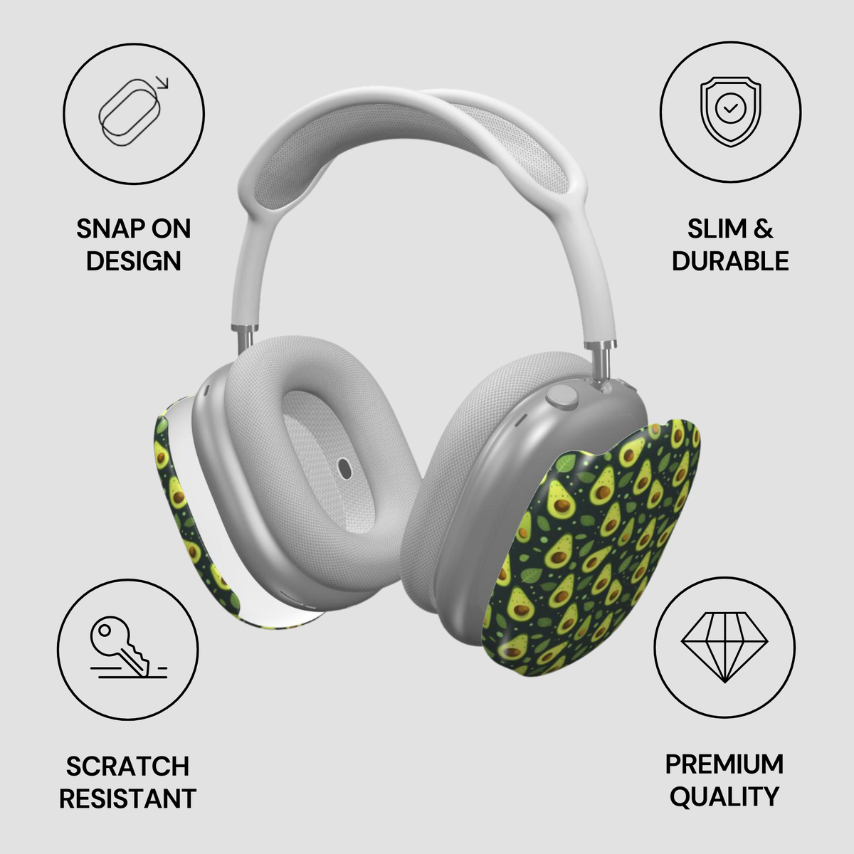 Gray headphones with colorful design on ear cups, featuring icons and text describing features.