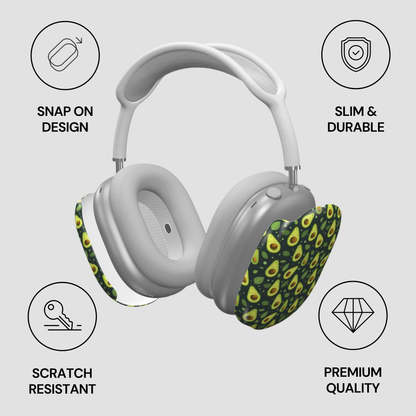 Gray headphones with colorful design on ear cups, featuring icons and text describing features.