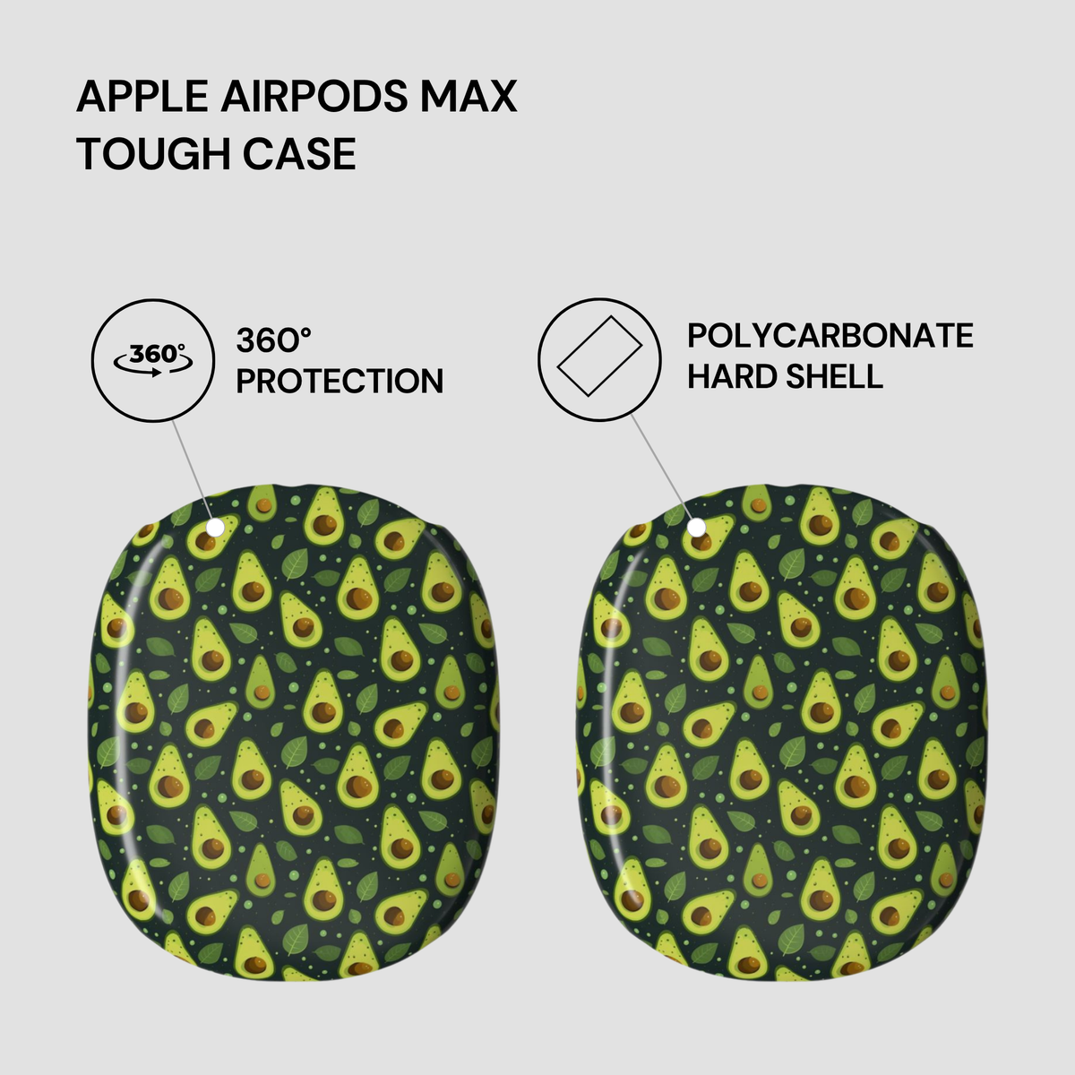 Two protective phone cases with an avocado print pattern, labeled as Apple AirPods Max Tough Case, on a light gray background with feature callouts.