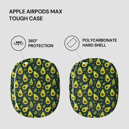Two protective phone cases with an avocado print pattern, labeled as Apple AirPods Max Tough Case, on a light gray background with feature callouts.