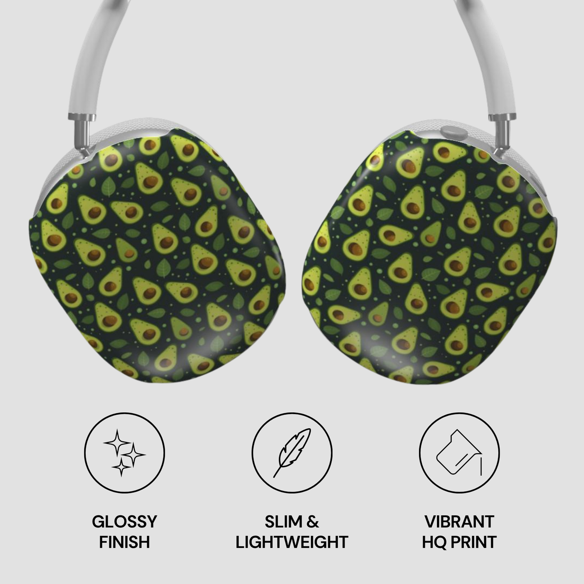 Over-ear headphones with a glossy avocado print on the earcups, featuring a pattern of green avocados on a dark background. The image includes three feature icons below the headphones: 'Glossy Finish', 'Slim & Lightweight', and 'Vibrant HQ Print'.