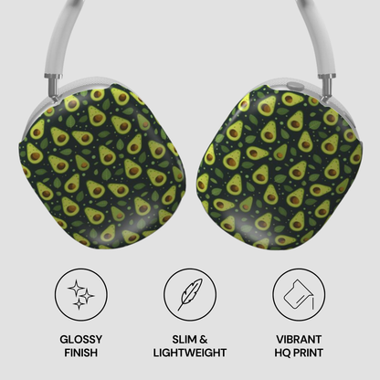 Over-ear headphones with a glossy avocado print on the earcups, featuring a pattern of green avocados on a dark background. The image includes three feature icons below the headphones: 'Glossy Finish', 'Slim & Lightweight', and 'Vibrant HQ Print'.