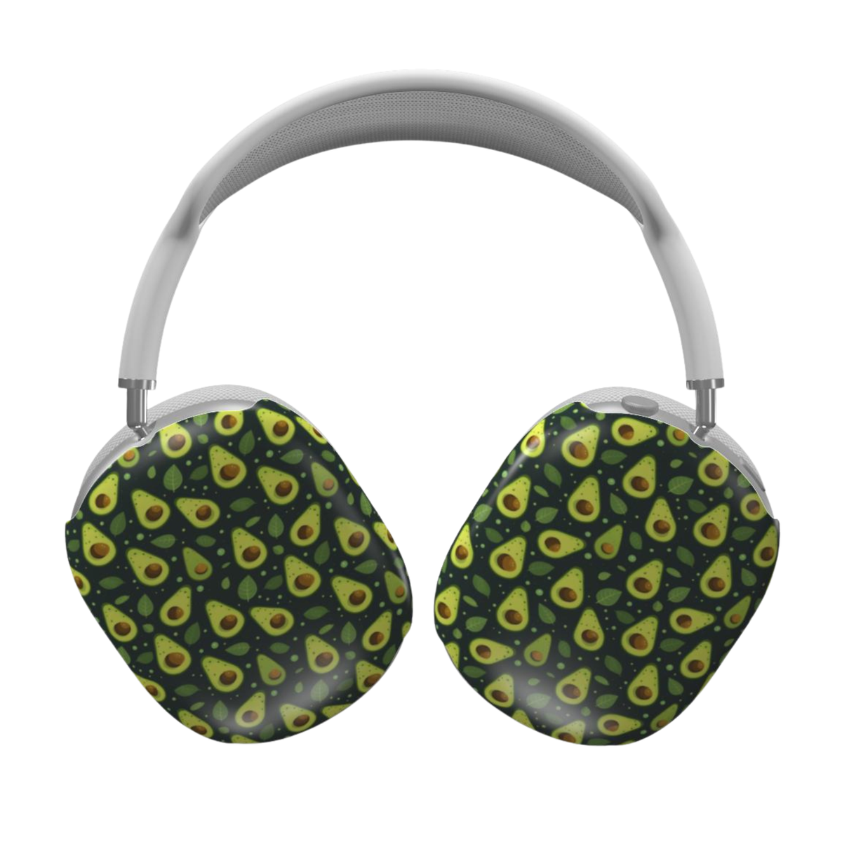 Over-ear headphones with a repeating avocado print on the ear cushions, featuring a gray padded headband and silver metal connectors, shown on a plain white background.