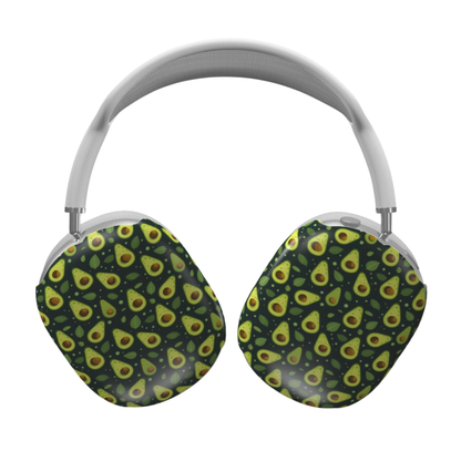Over-ear headphones with a repeating avocado print on the ear cushions, featuring a gray padded headband and silver metal connectors, shown on a plain white background.