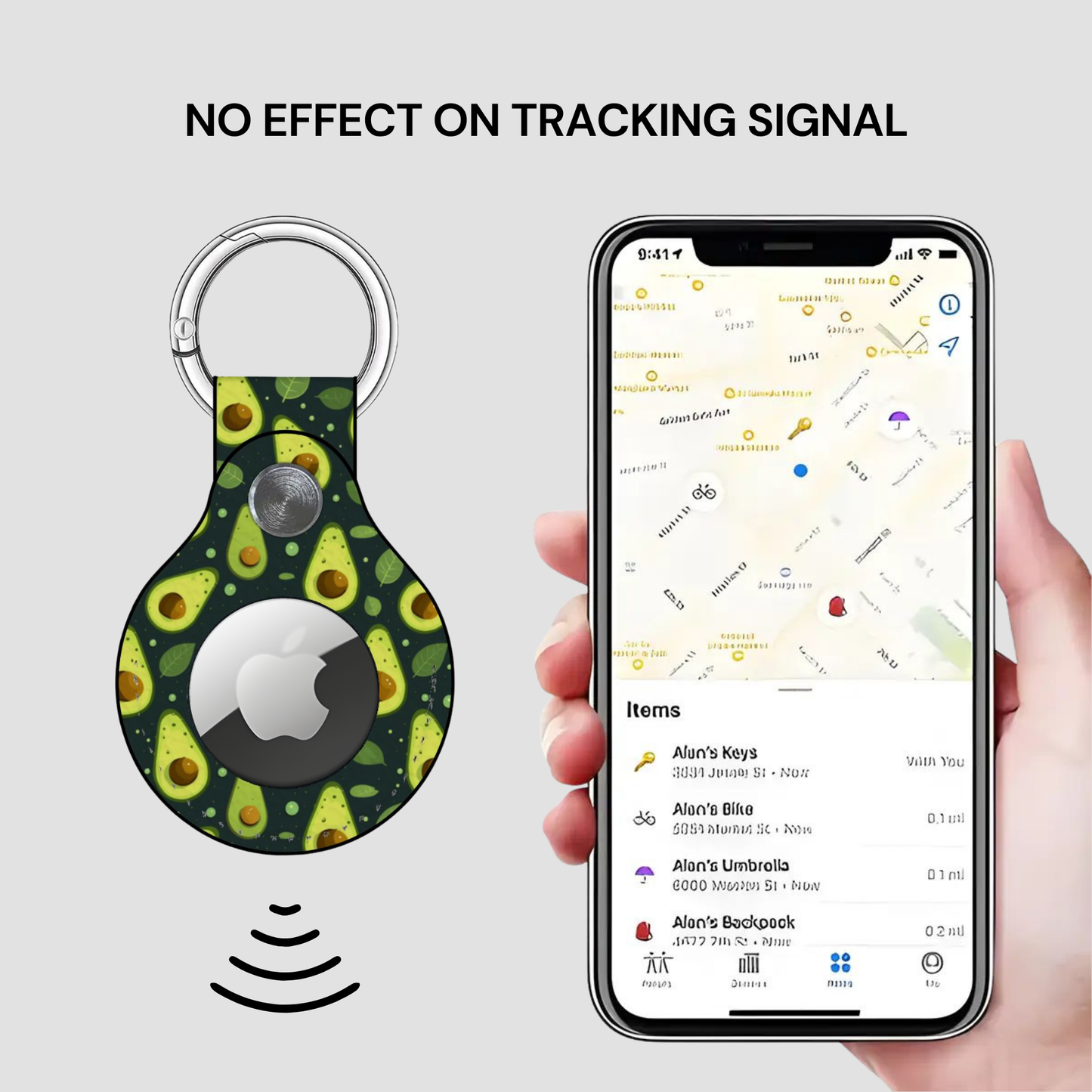 A keychain-shaped Apple AirTag blocker with a green avocado print and a silver metal key ring, shown next to a hand holding a smartphone displaying a tracking map. Text at the top reads 'NO EFFECT ON TRACKING SIGNAL'.