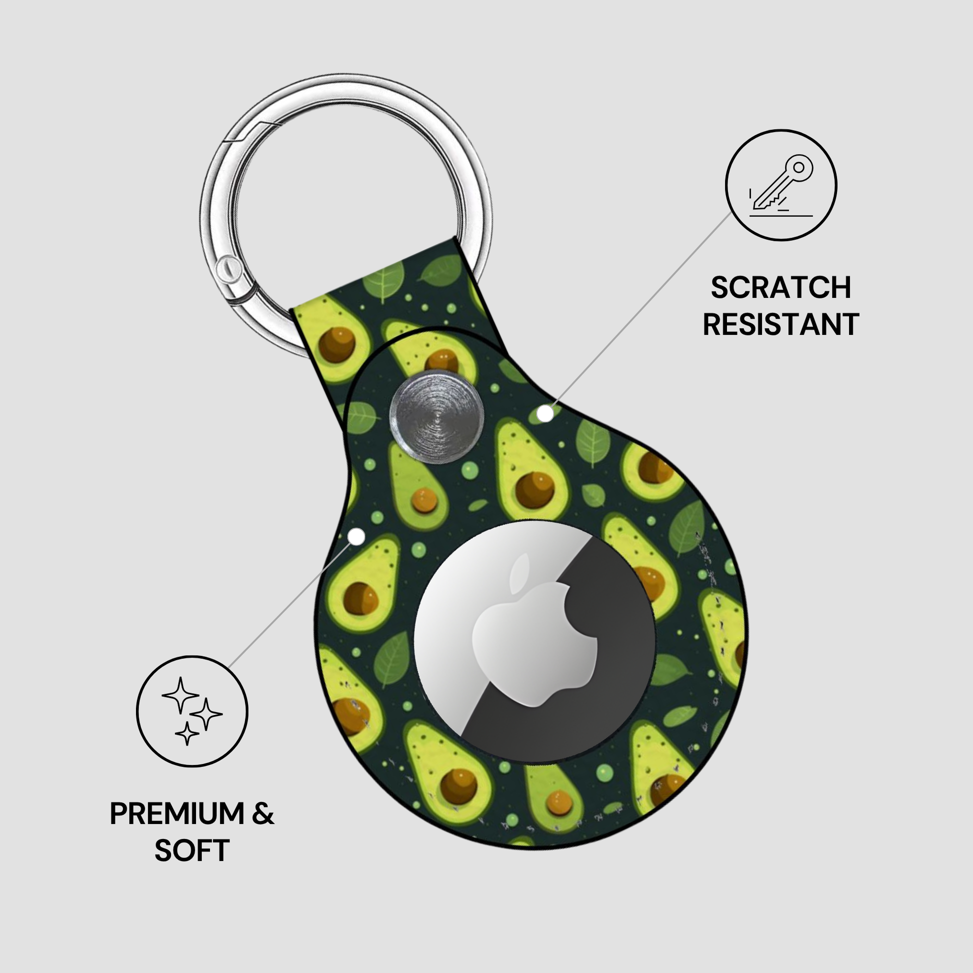 An avocado-patterned protective phone case with a silver metal key ring, shown on a light gray background with three feature callouts: 'SCRATCH RESISTANT', 'PREMIUM & SOFT', and a feature icon.