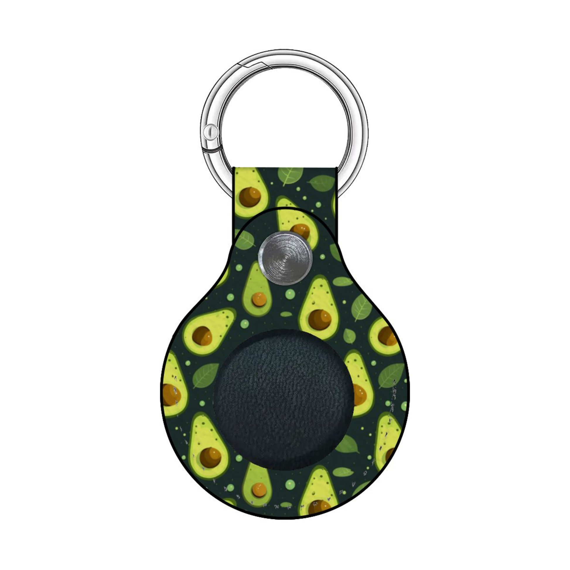 A keychain with a dark green avocado-patterned leather tag and a silver metal split ring, shown on a plain white background.