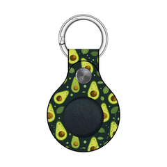 A keychain with a dark green avocado-patterned leather tag and a silver metal split ring, shown on a plain white background.