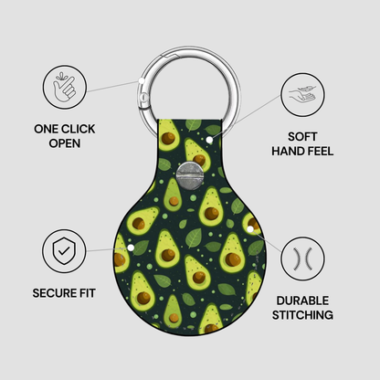 An avocado-patterned keychain pouch with a silver metal carabiner clip, shown on a light gray background with feature callouts: one-click open, soft hand feel, secure fit, and durable stitching.